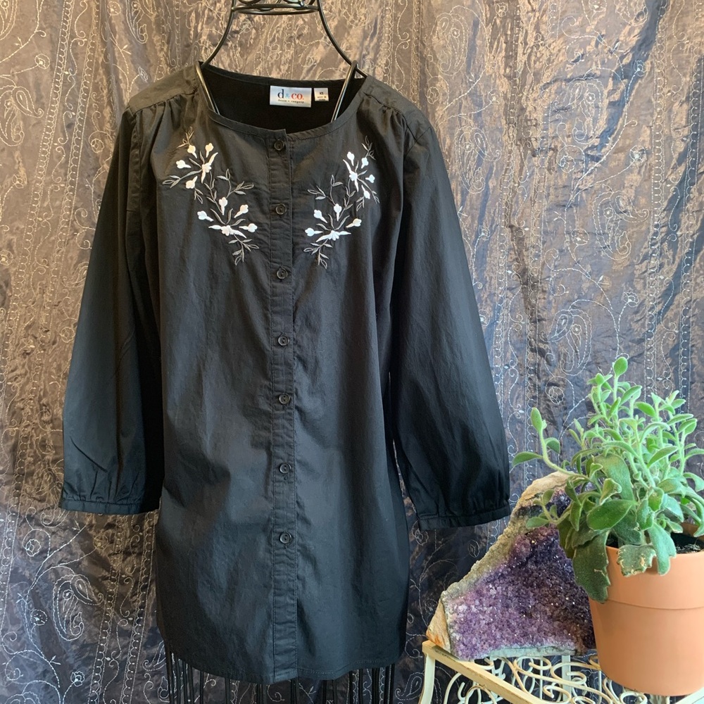 Denim & Co. Peasant Blouse Black Cotton Embroidered Flowers Button-Up Shirt
